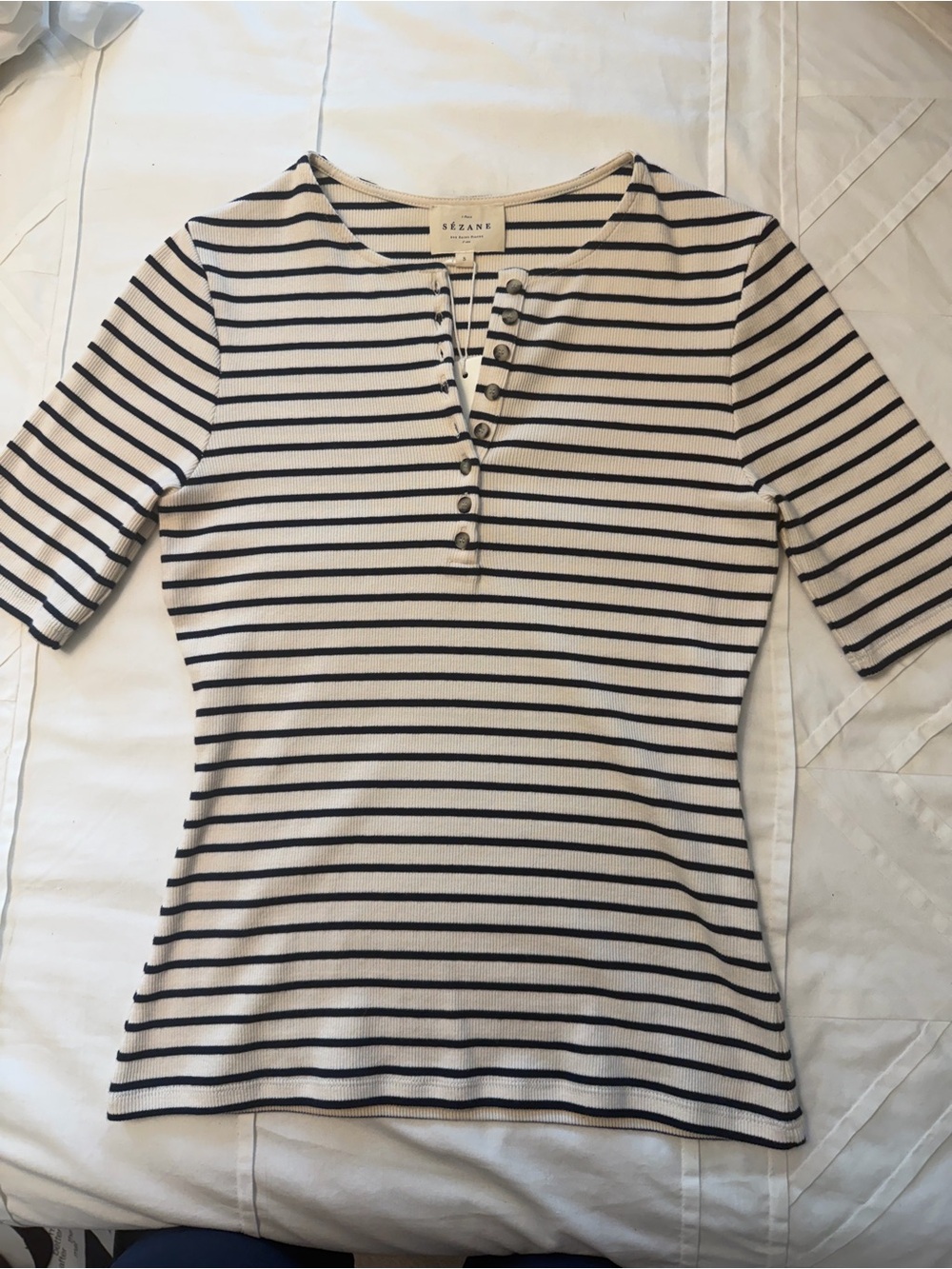 Sezane Theodora Striped Short-Sleeve Henley Top in Navy and Cream - Picture 2 of 3